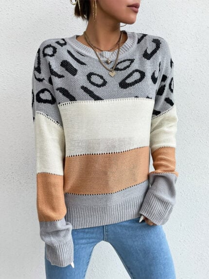 Paneled leopard-print knitted sweater