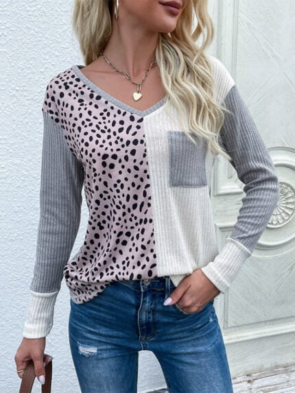 Patchwork v-neck leopard print Knitted top