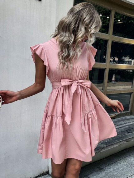 Pink Ruffled Buttons Lace-Up Dress-Wholesale