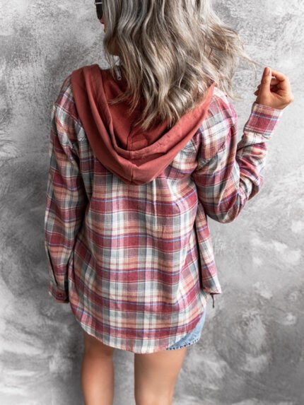 Plaid Button Hooded Slim Shirt