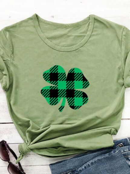 Plaid Clover Print Short Sleeve T-Shirt