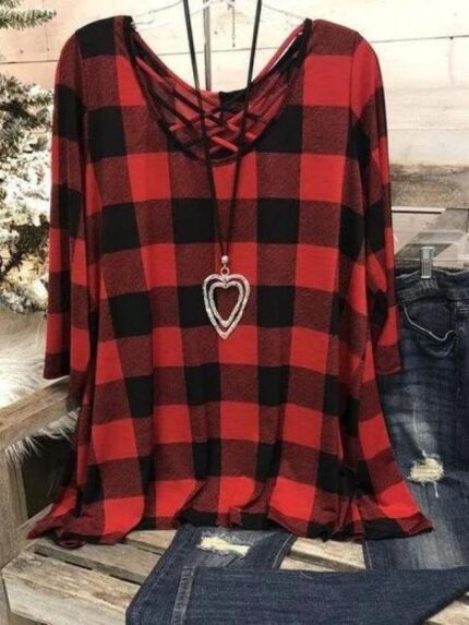 Plaid Cross Cutout Long Sleeve Top