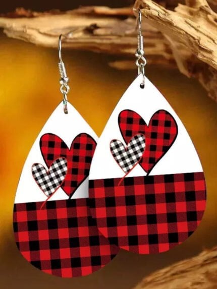 Plaid Heart Car Leather Earrings