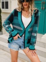 Plaid Panel Button Knit Cardigan