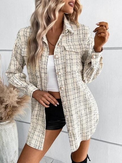 Plaid Pearl Button Pocket Thin Jacket