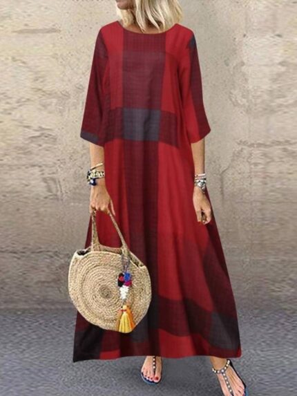 Plaid Print Crew Neck Maxi Dress