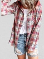 Wholesale Plaid Single-breasted Pocket Bust Hoodie Blouse