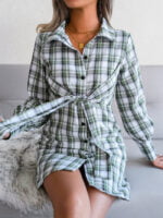 Plaid Tie Lapel Button Shirt Dress