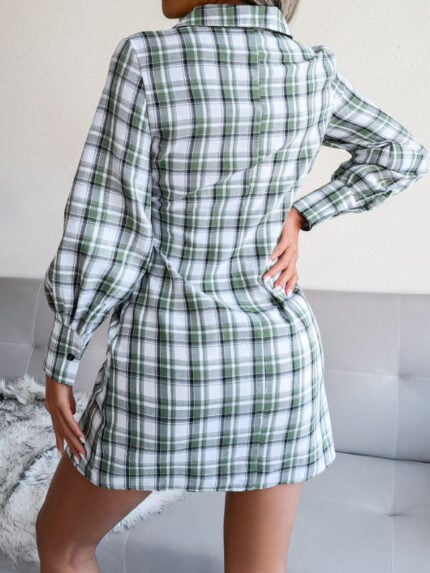 Plaid Tie Lapel Button Shirt Dress