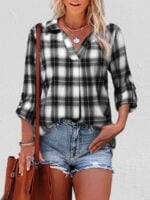 Plaid V-Neck Three-quarter Sleeve Top