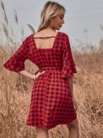 Plaid V-neck Ruffle Sleeve Dress