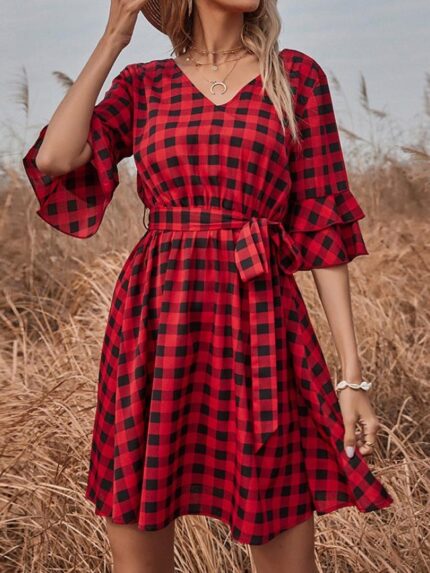 Plaid V-neck Ruffle Sleeve Dress