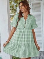 Plaid button patchwork dress