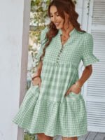 Plaid button patchwork dress