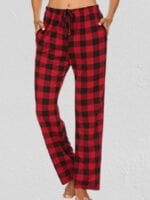 Plaid elastic waist drawstring trousers