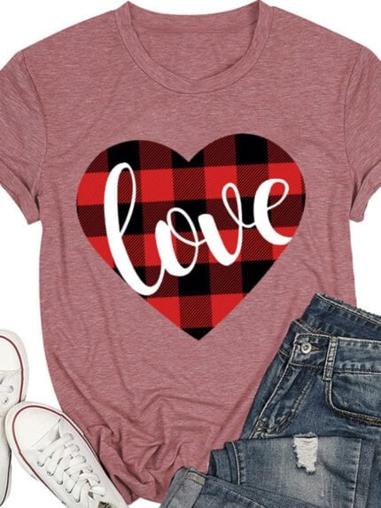 Plaid love print short-sleeved top