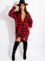 Plaid print button-up shirt dress