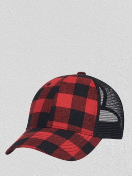 Plaid-print mesh-paneled hat