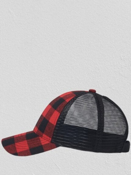 Plaid-print mesh-paneled hat