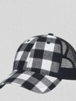 Plaid-print mesh-paneled hat