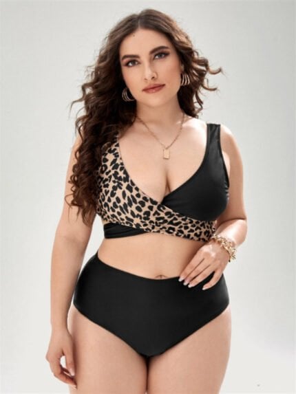 Plus Black Leopard Panel Swimsuit