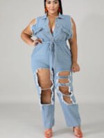 Plus Button Ripped Denim Jumpsuit