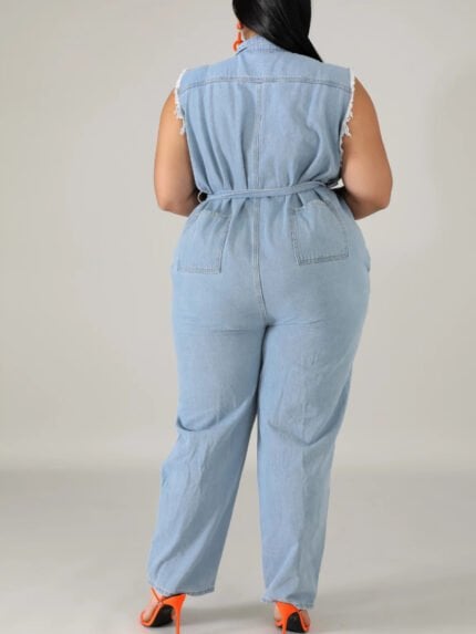 Plus Button Ripped Denim Jumpsuit