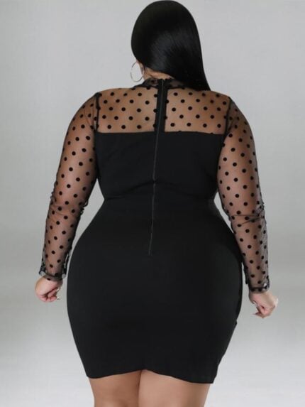 Plus Polka Dot Printed Mesh Panel Sexy Dress