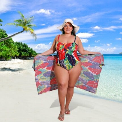 Plus Printed Swimsuit Shawl Two Piece