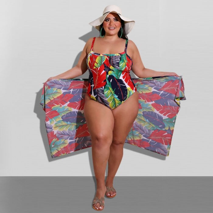 Plus Printed Swimsuit Shawl Two Piece