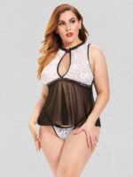 Plus Size Black Mesh And Venice Embroidery Lace Babydoll