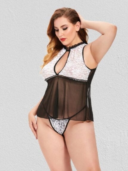 Plus Size Black Mesh And Venice Embroidery Lace Babydoll