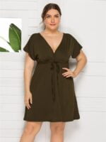 Wholesale Plus Solid Color V-Neck Drawstring Dress