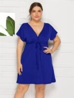 Wholesale Plus Solid Color V-Neck Drawstring Dress