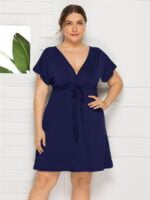 Wholesale Plus Solid Color V-Neck Drawstring Dress