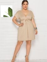 Wholesale Plus Solid Color V-Neck Drawstring Dress