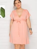 Wholesale Plus Solid Color V-Neck Drawstring Dress