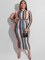 Plus Striped Print Dress With Belt