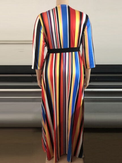 Plus Striped Print Split V-neck Dress With Belt