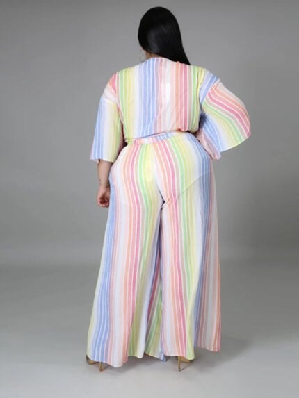 Plus Striped Tie Front Top And Wrap Pants Set