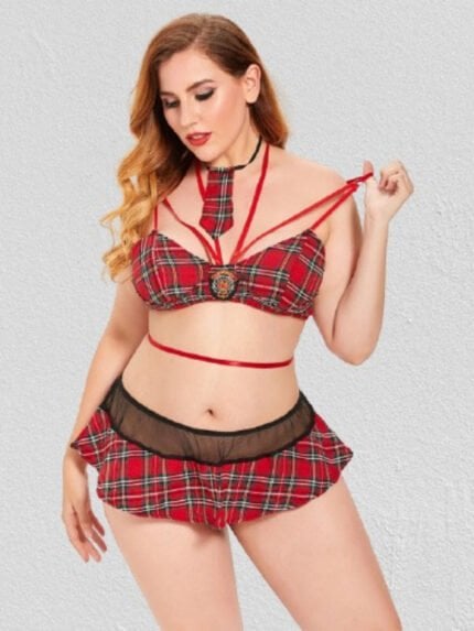 Plus Tartan Suspender Skirt School Girl Costume Set