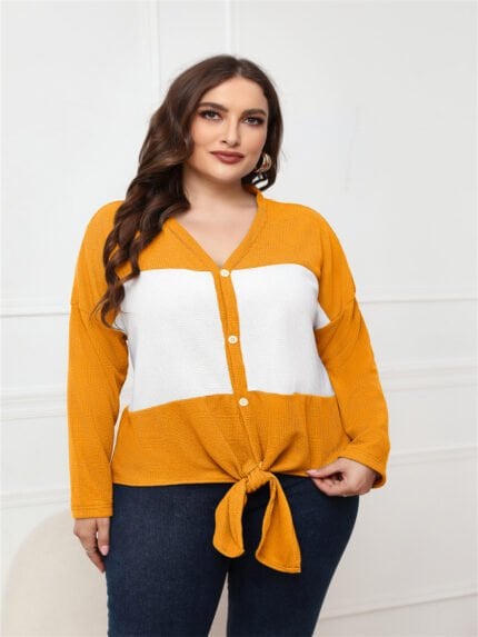 Plus V-Neck Colorblock Button Casual Top