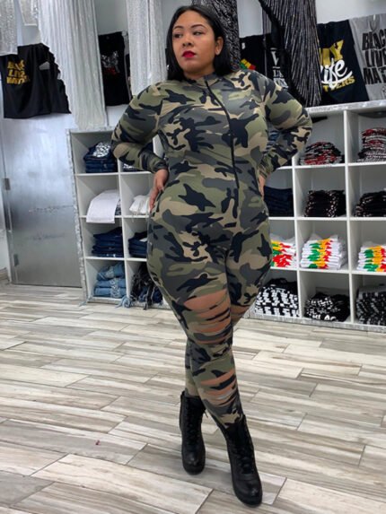 Plus camouflage print ripped jumpsuit