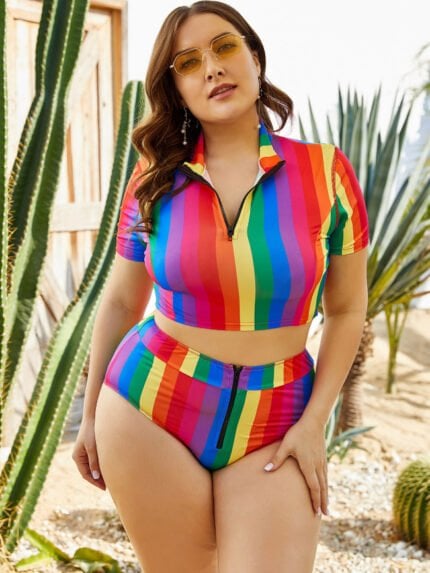 Plus color striped zipper high waist swimsuit