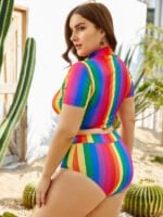 Plus color striped zipper high waist swimsuit