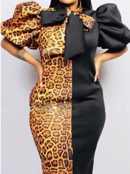 Plus leopard-paneled bow dress