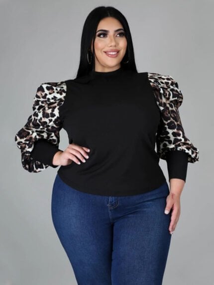 Plus leopard stripe lantern sleeve top