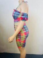 Wholesale Plus plaid print lace-up pleated two-piece