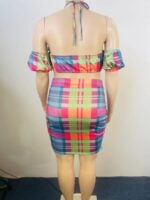 Wholesale Plus plaid print lace-up pleated two-piece