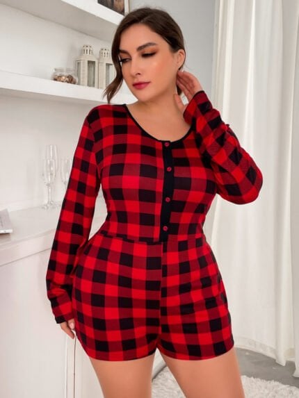 Plus plaid tight-fitting one-piece pajamas